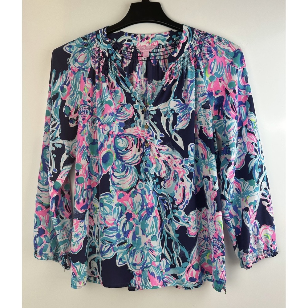 Lilly Pulitzer Elsa Silk Blouse Floral Pink Blue Top Womens Small Coastal Resort - Picture 14 of 14